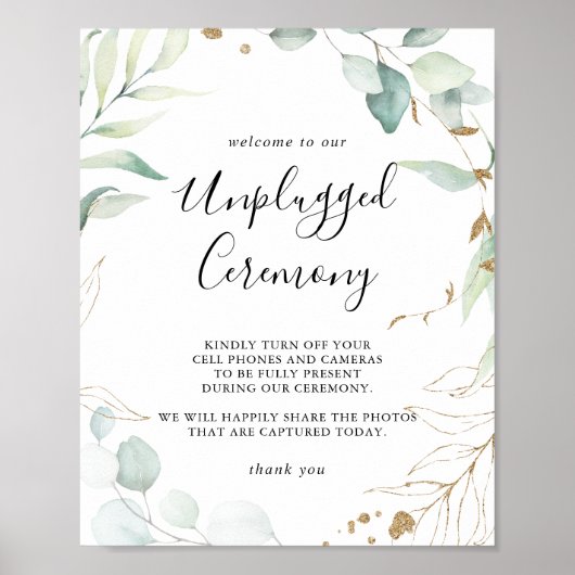 Gold Eucalyptus Calligraphy Unplugged Ceremony Poster (Voorkant)