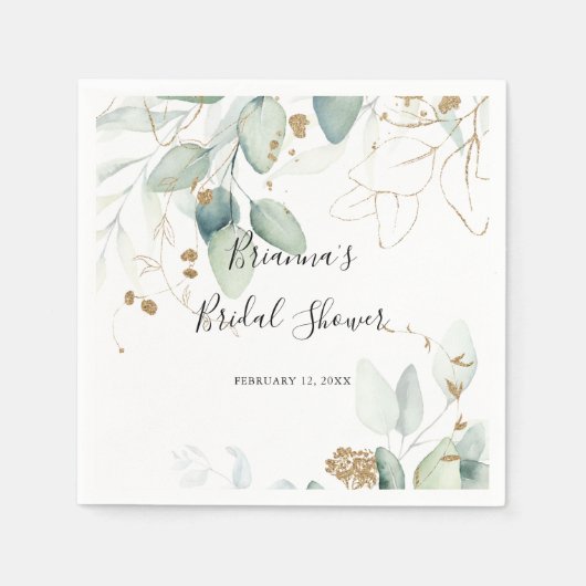 Gold Eucalyptus Calligraphy Vrijgezellenfeest Napk Servet (Voorkant)