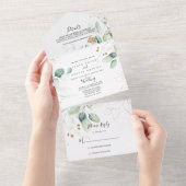 Gold Eucalyptus Calligraphy Wedding All In One Uitnodiging (Afscheurbaar)