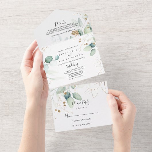 Gold Eucalyptus Calligraphy Wedding All In One Uitnodiging (Afscheurbaar)