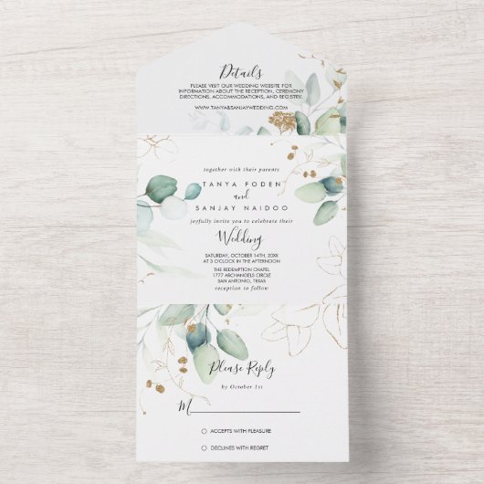 Gold Eucalyptus Calligraphy Wedding All In One Uitnodiging (Binnen)