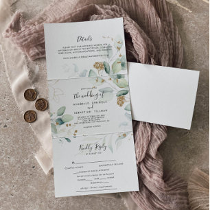 Gold Eucalyptus Calligraphy Wedding Drieluik Uitnodiging