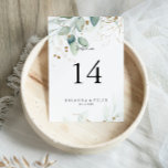 Gold Eucalyptus Calligraphy Wedding Kaart<br><div class="desc">Dit gouden eucalyptus kalligrafie trouwtafelnummer is perfect voor een rustieke bruiloft. Dit artistieke ontwerp is voorzien van handgetekend waterverf goud en groen gebladerte,  wat natuurschoon inspireert. Dit is een dubbelzijdig tabelnummer. Voeg elk tabelnummer dat u nodig hebt afzonderlijk aan uw winkelwagentje toe.</div>