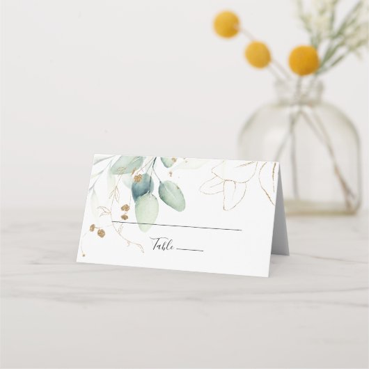 Gold Eucalyptus Calligraphy Wedding Plaatskaartje (Voorkant)