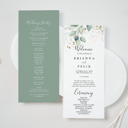 Gold Eucalyptus Calligraphy Wedding Programmakaart