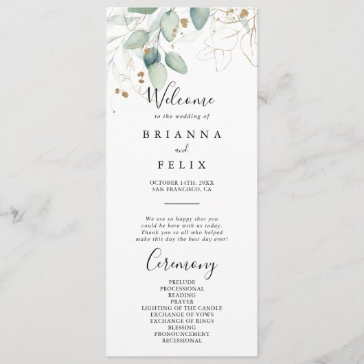 Gold Eucalyptus Calligraphy Wedding Programmakaart (Voorkant)