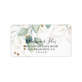 Gold Eucalyptus Calligraphy Wedding RSVP Address Etiket (Voorkant)