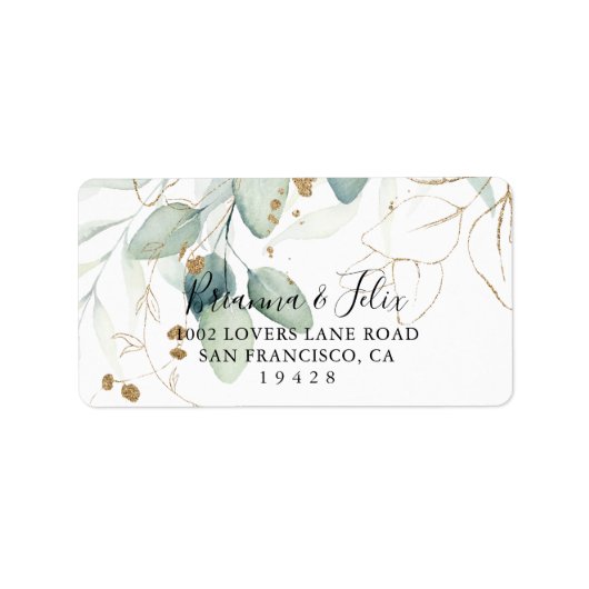 Gold Eucalyptus Calligraphy Wedding RSVP Address Etiket (Voorkant)
