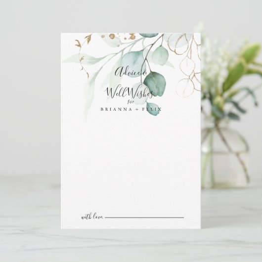 Gold Eucalyptus Calligraphy Wedding Well Wishes Advieskaart (Staand voorkant)