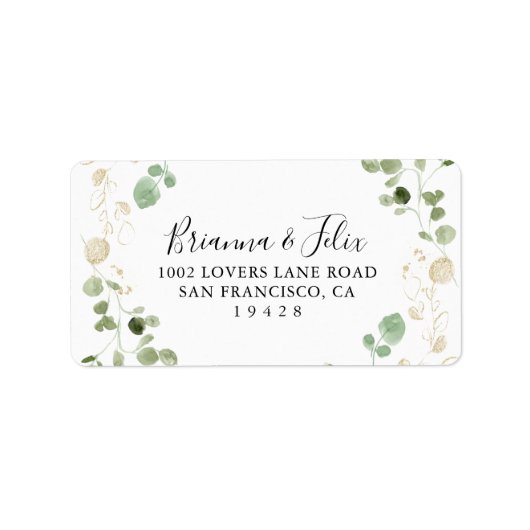Gold Eucalyptus Foliage Weddenschap RSVP-adres Etiket (Voorkant)