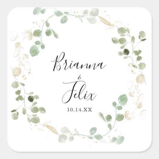 Gold Eucalyptus Foliage Wedding Envelope-zegels Vierkante Sticker (Voorkant)