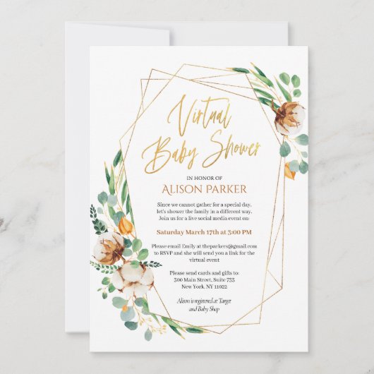 Gold Eucalyptus Greenery Virtual Baby shower Kaart (Voorkant)