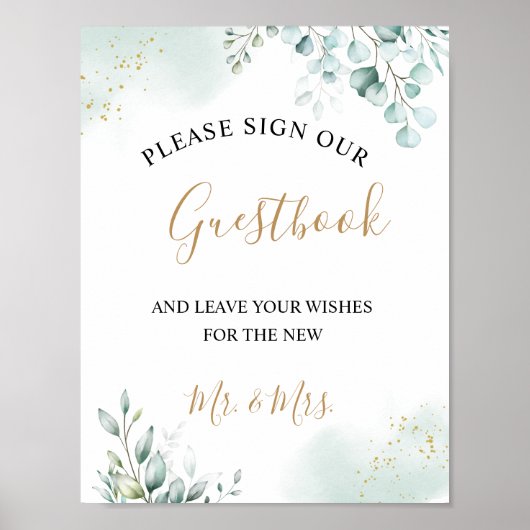 Gold Eucalyptus Leaves Greenery Wedding Guestbook Poster (Voorkant)