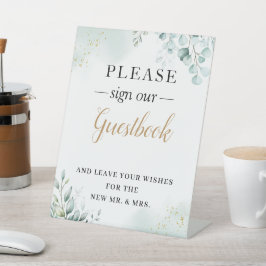 Gold Eucalyptus Leaves Greenery Wedding Guestbook Reclamebord Met Voetstuk