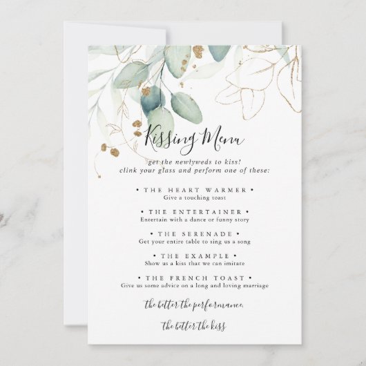 Gold Eucalyptus Weddenschap Kissingmenu Spel Kaart (Voorkant)