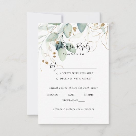 Gold Eucalyptus Wedding Menu Keuze RSVP (Voorkant)