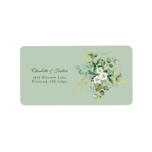Gold Eucalyptus Wreatgreen Zee Wide Wedding Etiket (Voorkant)