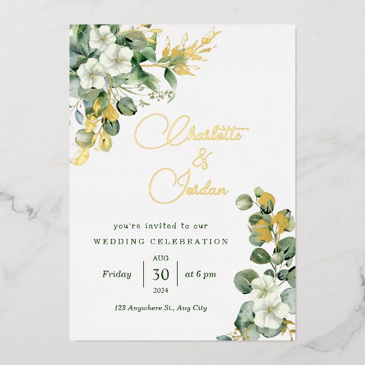 Gold Eucalyptus Wreatgreen Zee Wide Wedding Folie Uitnodiging (Voorkant)