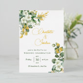 Gold Eucalyptus Wreatgreen Zee Wide Wedding Folie Uitnodiging (Staand Voorkant)