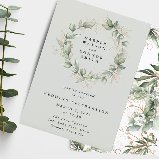 Gold Eucalyptus Wreatgreen Zee Wide Wedding Kaart