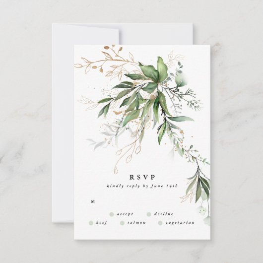 Gold Eucalyptus Wreatgreen Zee Wide Wedding RSVP Kaartje (Voorkant)