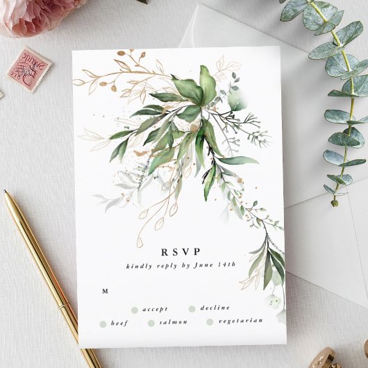 Gold Eucalyptus Wreatgreen Zee Wide Wedding RSVP Kaartje
