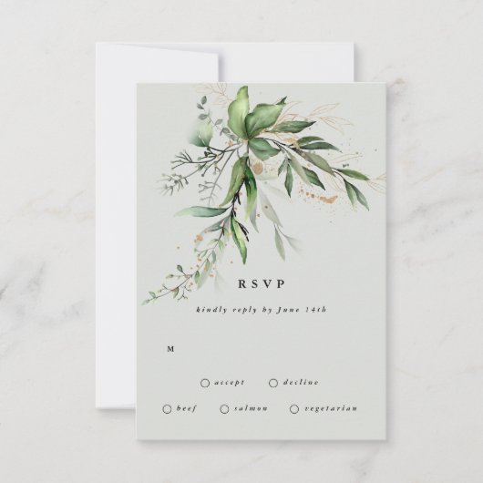 Gold Eucalyptus Wreatgreen Zee Wide Wedding RSVP Kaartje (Voorkant)