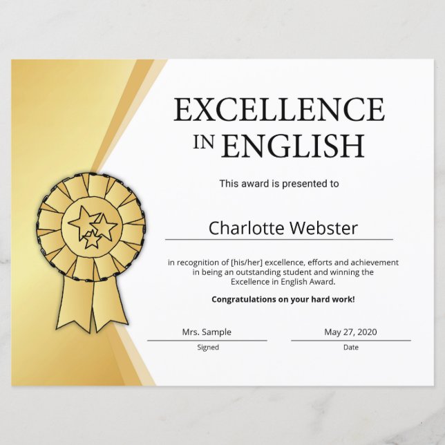 Gold Excellence in English Certificate Award (Voorkant)