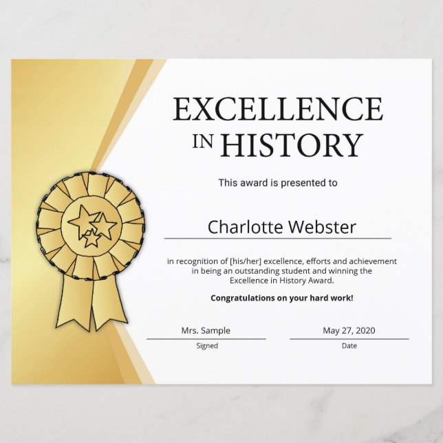 Gold Excellence in History Certificate Award (Voorkant)
