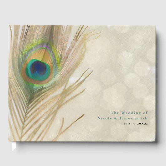 Gold Exotic Peacock Feather Elegant Wedding Gastenboek (Voorkant)