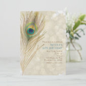 Gold Exotic Peacock Feather Glam Party-uitnodiging Kaart (Staand voorkant)