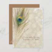 Gold Exotic Peacock Feather Glam Save the Date Aankondigingskaart (Voorkant / Achterkant)
