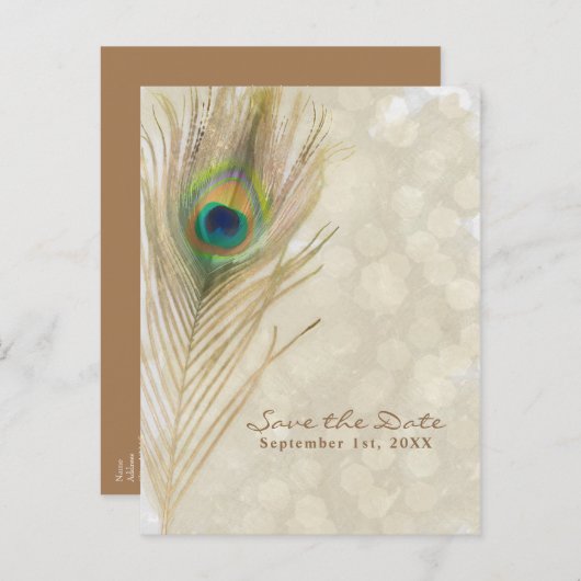 Gold Exotic Peacock Feather Glam Save the Date Aankondigingskaart (Voorkant / Achterkant)