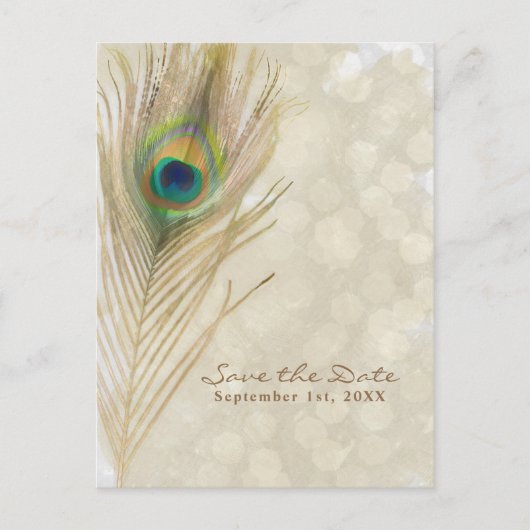 Gold Exotic Peacock Feather Glam Save the Date Aankondigingskaart (Voorkant)