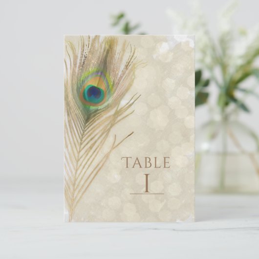 Gold Exotic Peacock Feather Glam Table Number Kaar Kaart (Staand voorkant)