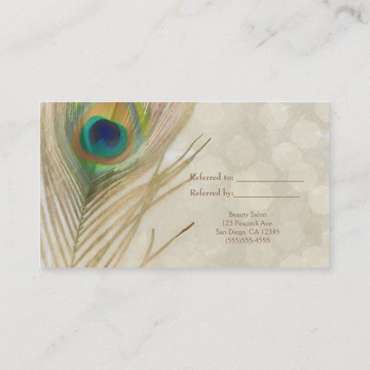 Gold Exotic Peacock Feather Glam Verwijs een vrien Aanbevelingskaartje (Achterkant)