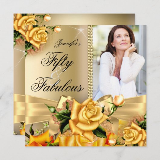 Gold Fabulous 50 Foto Yellow Rose Birthday 3 Kaart (Voorkant / Achterkant)