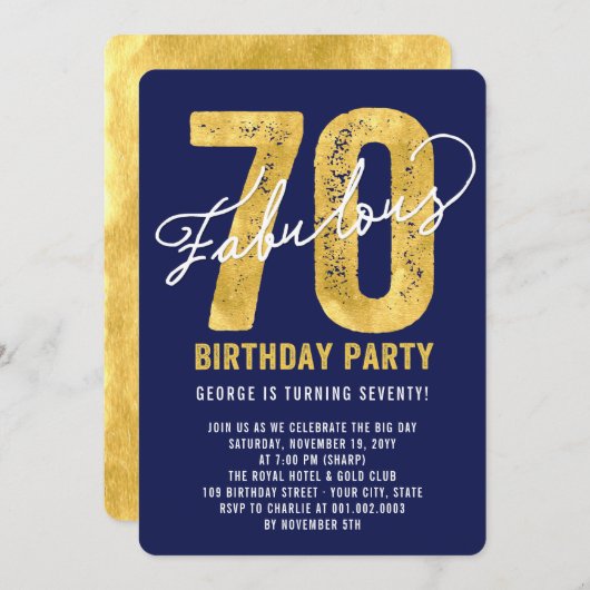 Gold Fabulous 70th Birthday Party Invite Kaart (Voorkant / Achterkant)