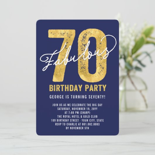 Gold Fabulous 70th Birthday Party Invite Kaart (Staand voorkant)