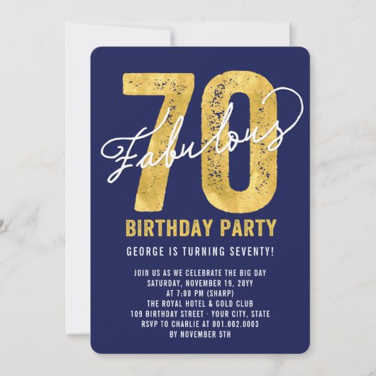 Gold Fabulous 70th Birthday Party Invite Kaart (Voorkant)