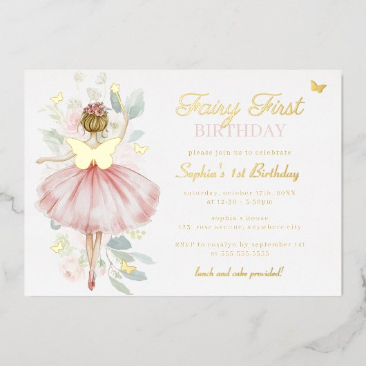 Gold Fairy Eerste 1e Verjaardag Vlinder Folie Uitnodiging (Voorkant)