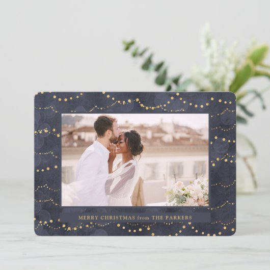 Gold Fairy Lights | Elegant One-fotokerstfeest Feestdagenkaart (Staand voorkant)