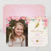 Gold Fairy Pink Bloemen Verjaardag Uitnodiging (Voorkant / Achterkant)