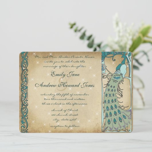 Gold Fairy Tale Peacock Weddenschap Kaart (Staand voorkant)