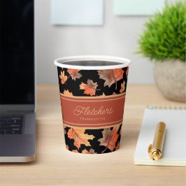 Gold Fall Leaves & Terracotta Stripe Custom Zwart Papieren Bekers