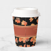 Gold Fall Leaves & Terracotta Stripe Custom Zwart Papieren Bekers (Rechts)