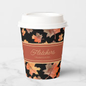 Gold Fall Leaves & Terracotta Stripe Custom Zwart Papieren Bekers (Voorkant)
