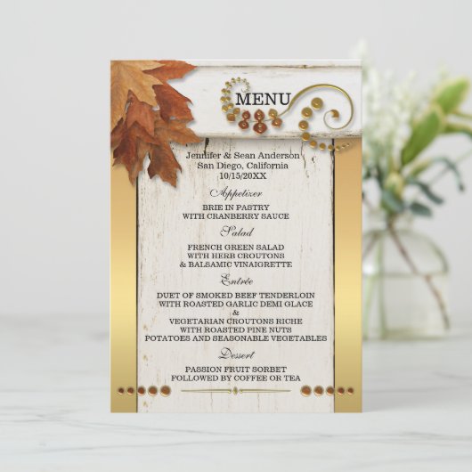 Gold Fall Leaves Wedding Menu Kaart (Staand voorkant)