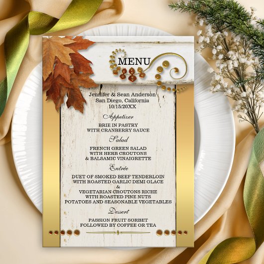Gold Fall Leaves Wedding Menu Kaart