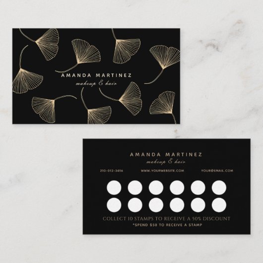Gold Falling Ginkgo Leaves Black Loyalty Kaart Visitekaartje (Voorkant / Achterkant)